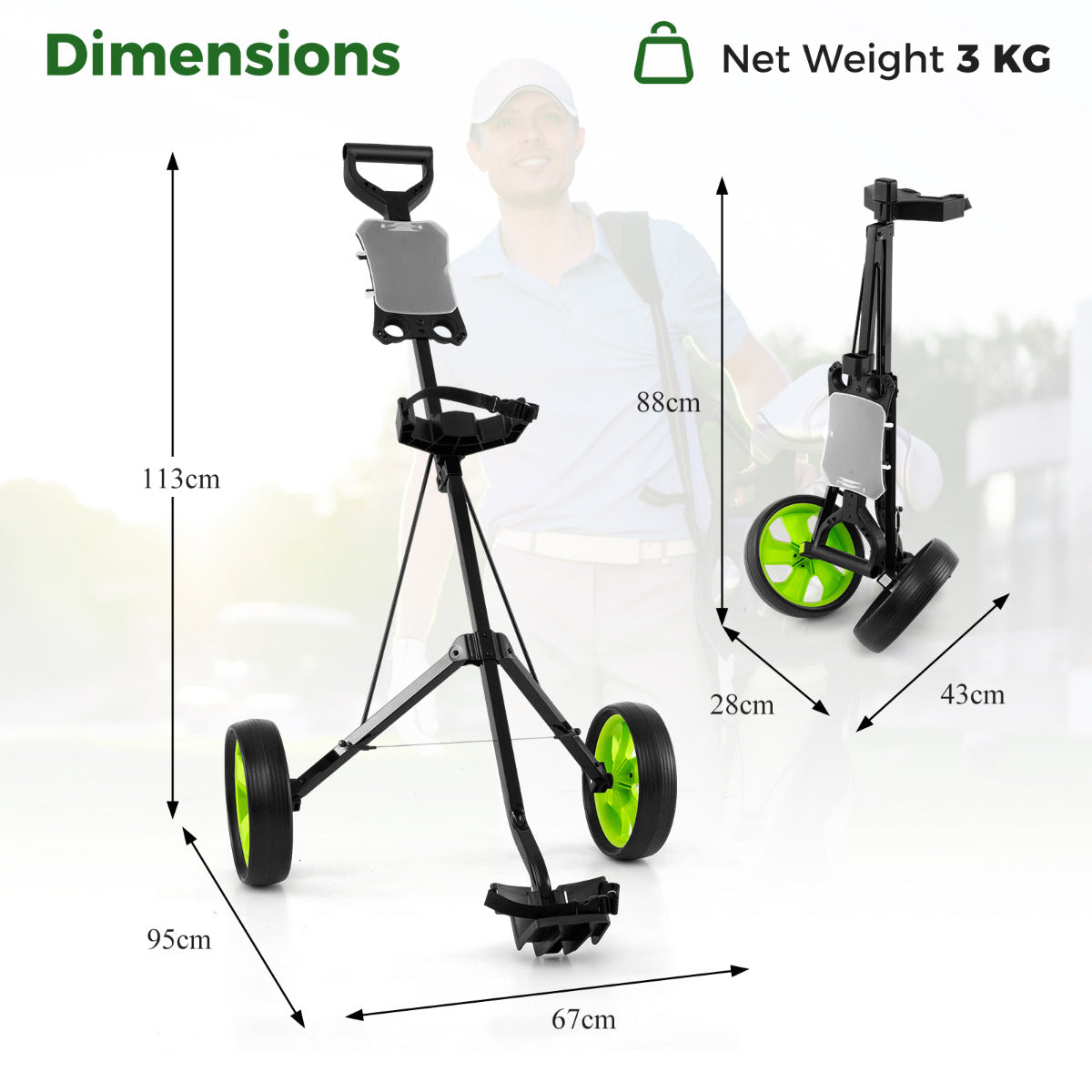 2 Wheel Golf Push Cart with Scorecard Holder and Elastic Strap-Green