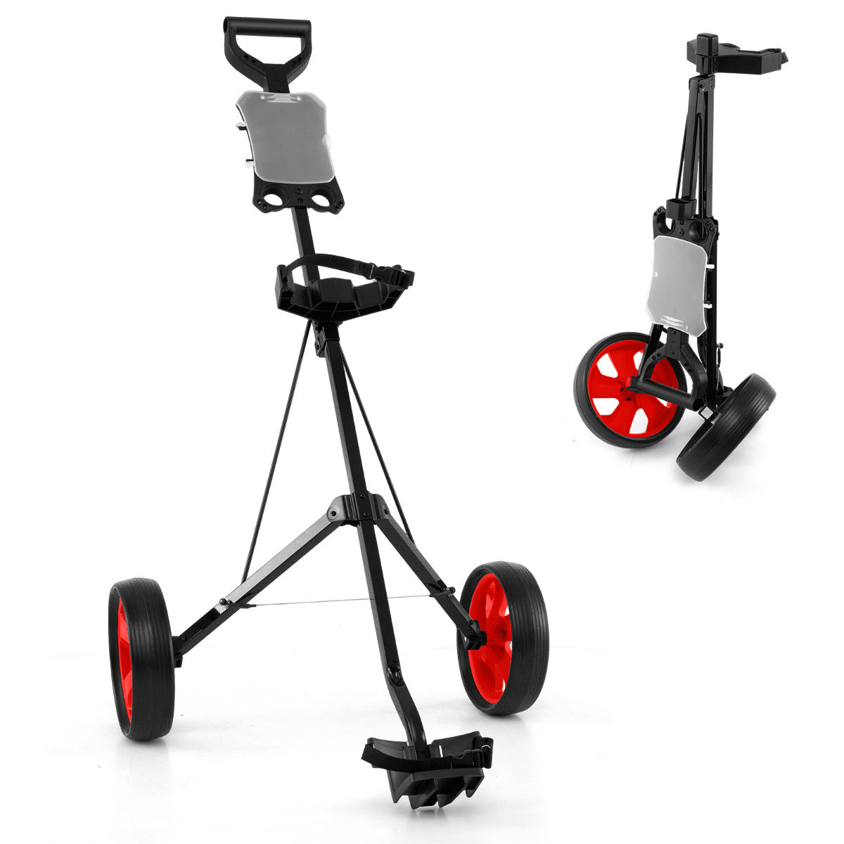 2 Wheel Golf Push Cart with Scorecard Holder and Elastic Strap-Red