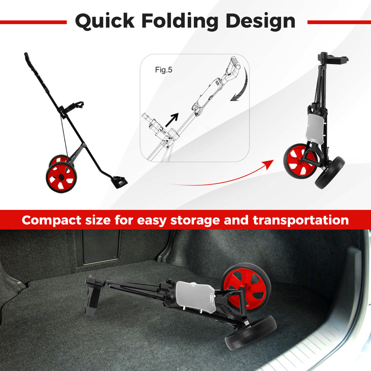 2 Wheel Golf Push Cart with Scorecard Holder and Elastic Strap-Red