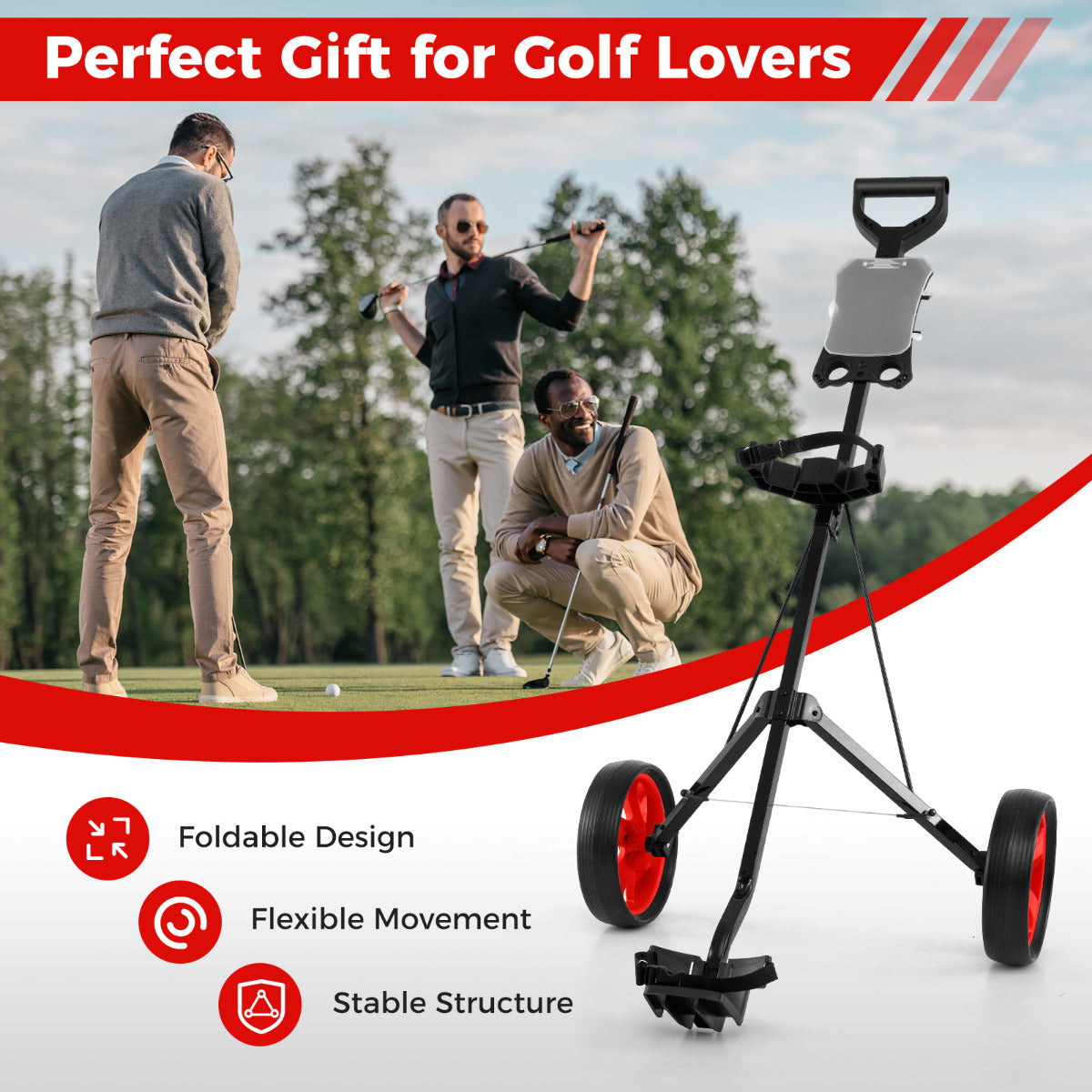 2 Wheel Golf Push Cart with Scorecard Holder and Elastic Strap-Red