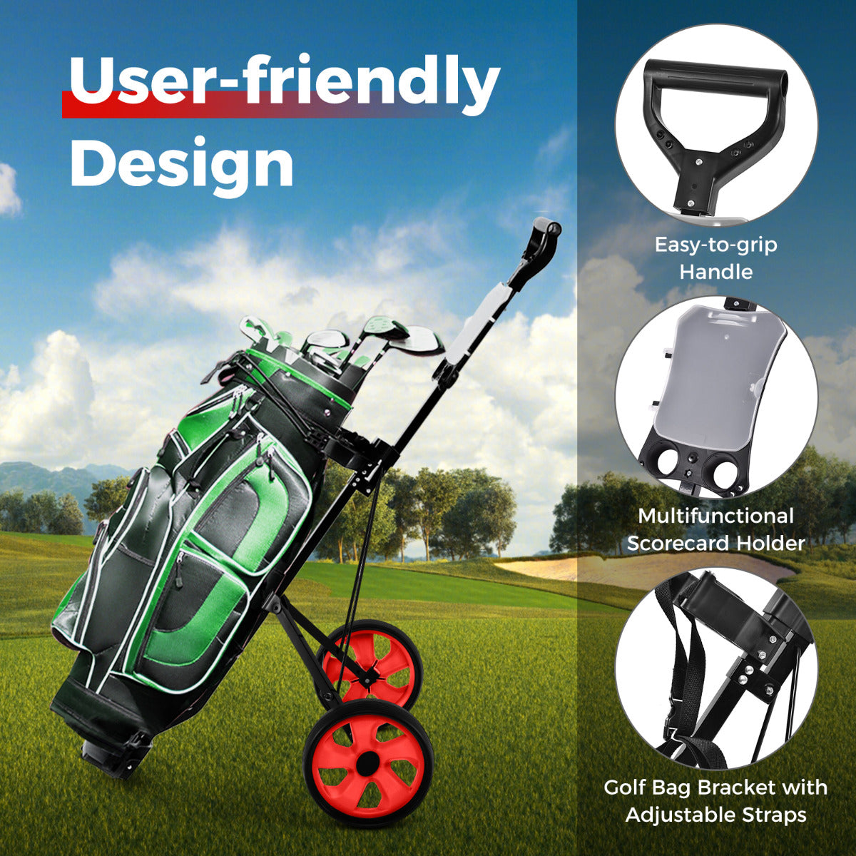 2 Wheel Golf Push Cart with Scorecard Holder and Elastic Strap-Red