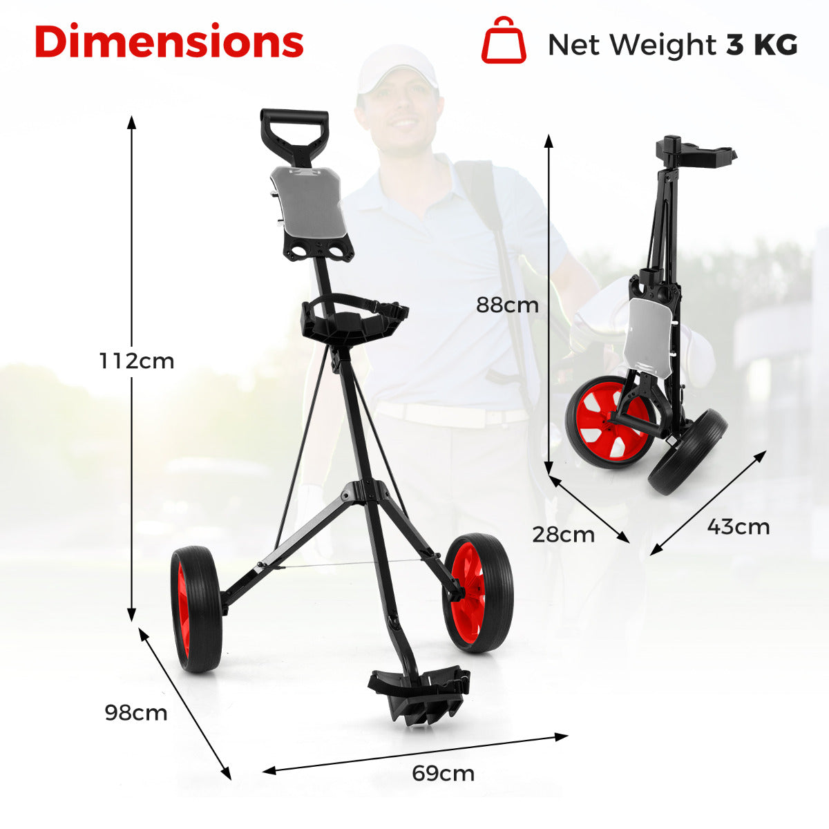 2 Wheel Golf Push Cart with Scorecard Holder and Elastic Strap-Red