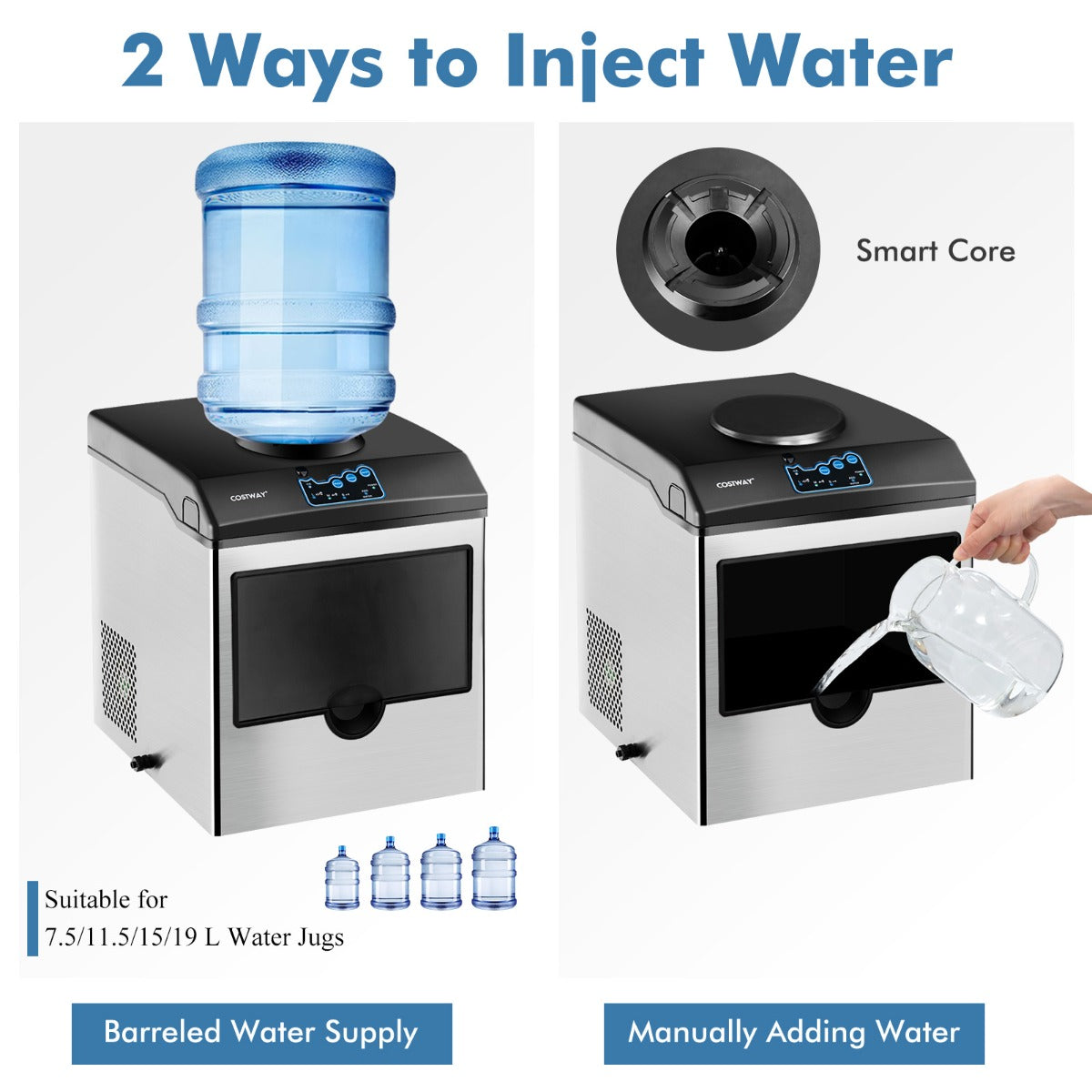 Portable ice maker includes a detachable ice basket, ice scoop, and two water filling options