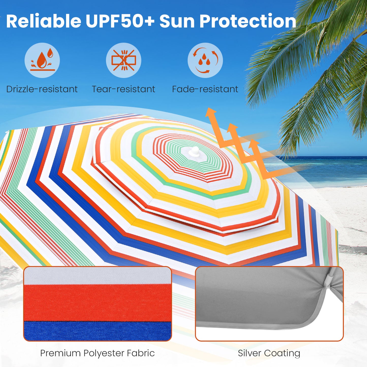 2m Beach Umbrella UPF50+ Sun Protection Portable Outdoor Sunshade Parasol-Colourful