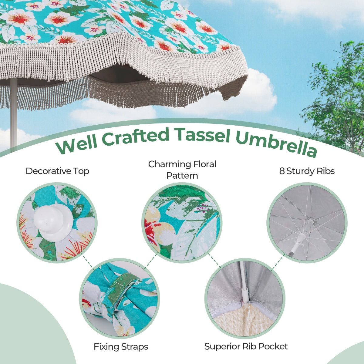 200 by 200 by 210 cm patio umbrella provides comfortable shade beside pools and beaches