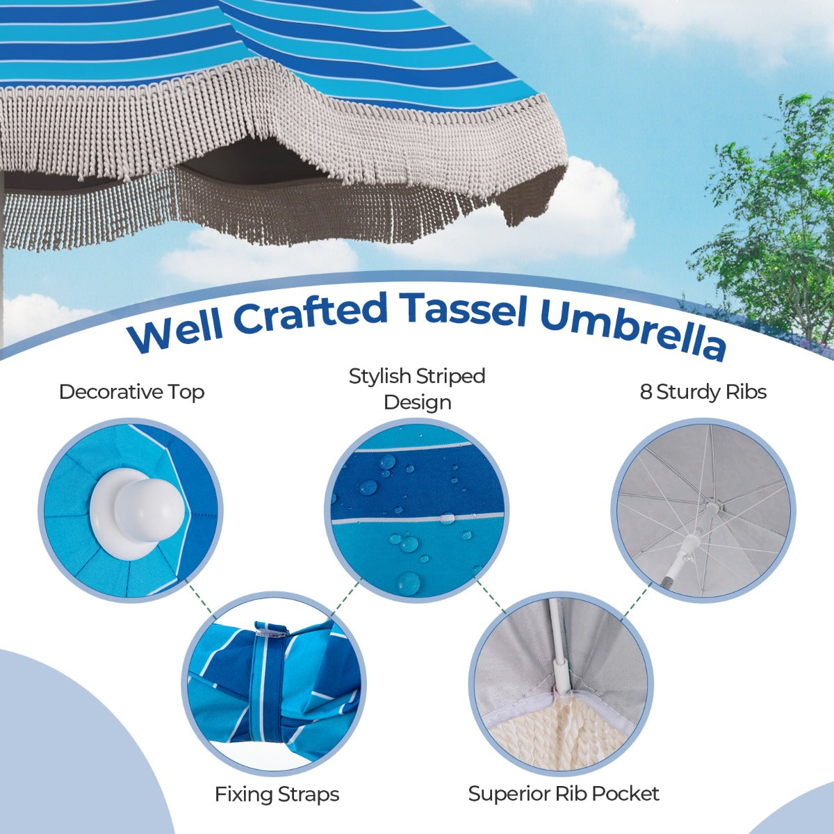 Fringe and patterned canopy create stylish shade for patios, yards, gardens, beaches, and poolside