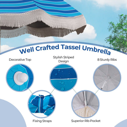 Fringe and patterned canopy create stylish shade for patios, yards, gardens, beaches, and poolside