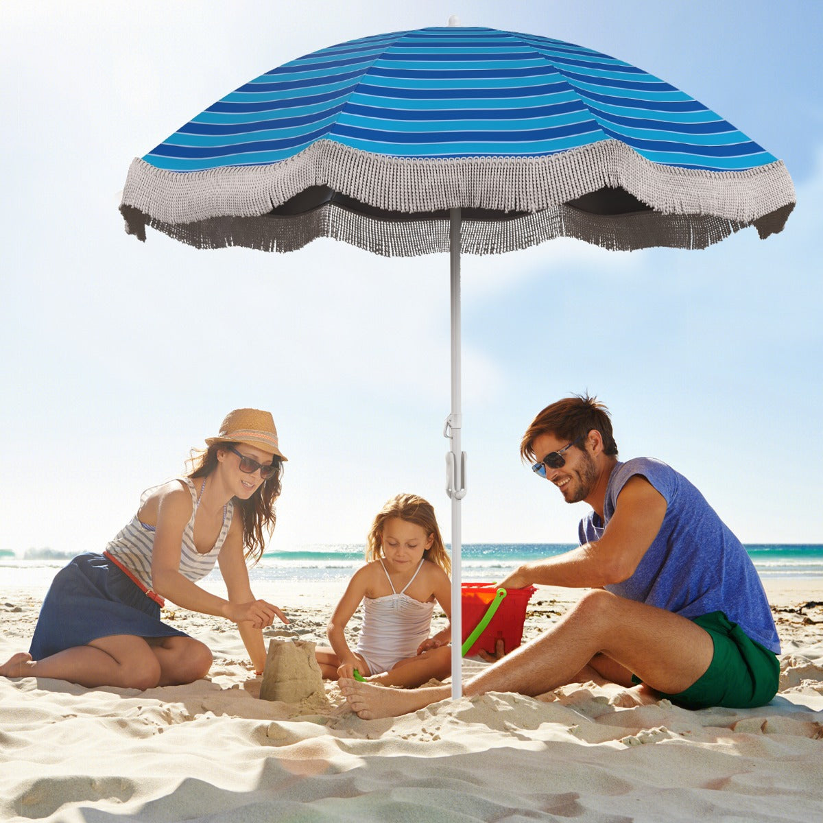 Push-button tilt mechanism adjusts the canopy angle by 30 degrees for customized shade
