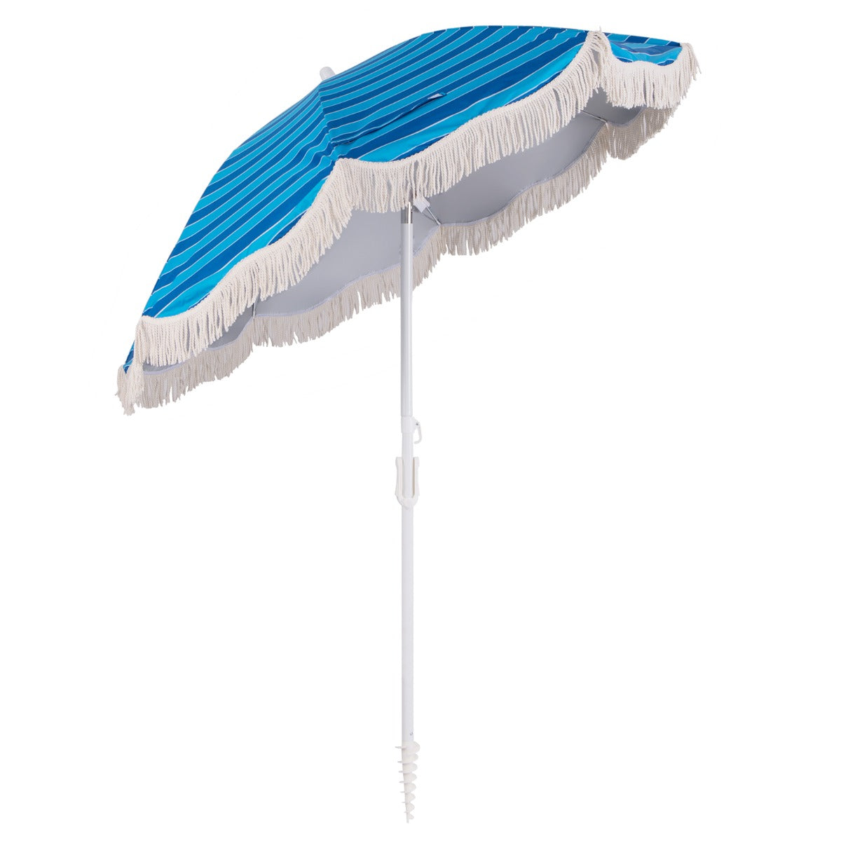 Fringed beach umbrella adds bohemian style and elegant decorative appeal to outdoor spaces