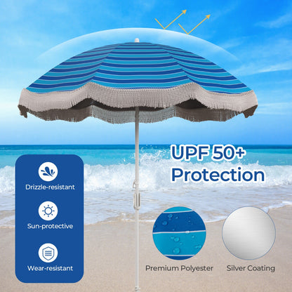 Costway 2M Beach Umbrella with Fringe with Push Button Tilt-Navy