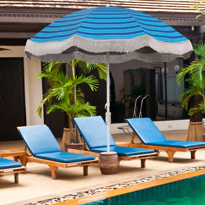 Costway 2M Beach Umbrella with Fringe with Push Button Tilt-Navy