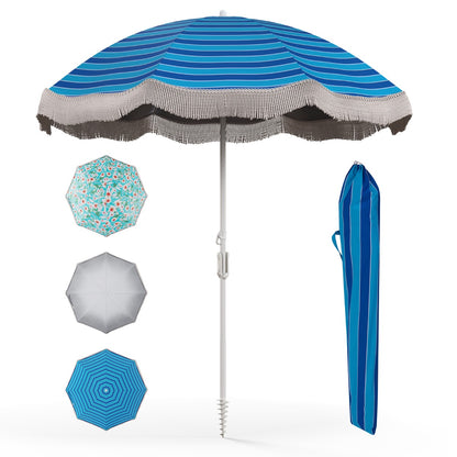 Costway 2M Beach Umbrella with Fringe with Push Button Tilt-Navy