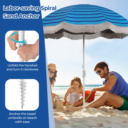 Costway 2M Beach Umbrella with Fringe with Push Button Tilt-Navy