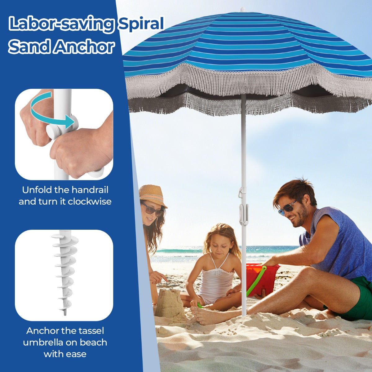 Quick-open two-section pole design makes this decorative outdoor umbrella simple to set up