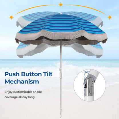Costway 2M Beach Umbrella with Fringe with Push Button Tilt-Navy