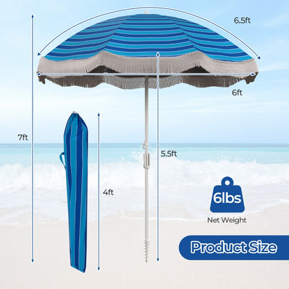 Costway 2M Beach Umbrella with Fringe with Push Button Tilt-Navy