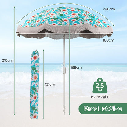 Vintage tassel patio umbrella with elegant fringe and patterned fabric for gardens, patios and beaches