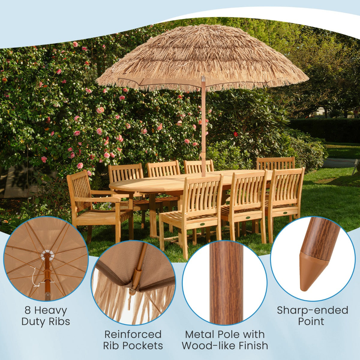 200 cm diameter tiki umbrella with 173 cm edge clearance suits beaches, parks and camping