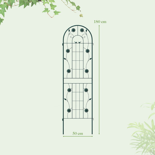 Green and white metal garden trellis set with decorative bird and floral patterns for climbers