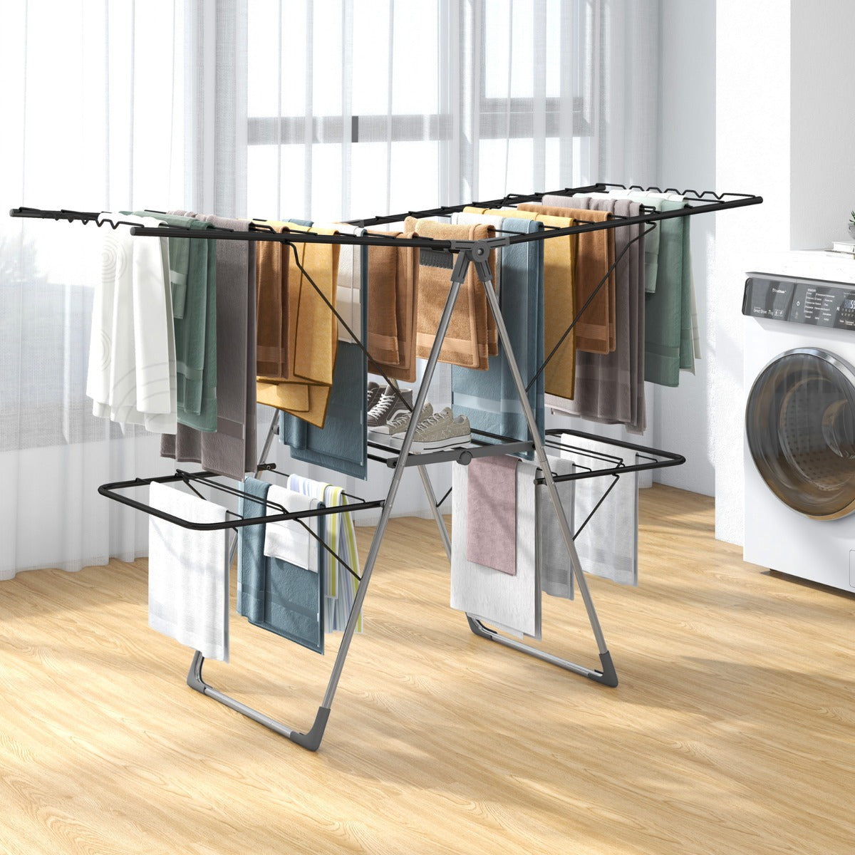 2-Tier Clothes Drying Rack Foldable with Adjustable Gullwings and Sock Clips