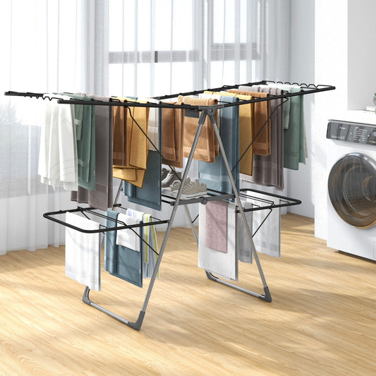 2-Tier Clothes Drying Rack Foldable with Adjustable Gullwings and Sock Clips