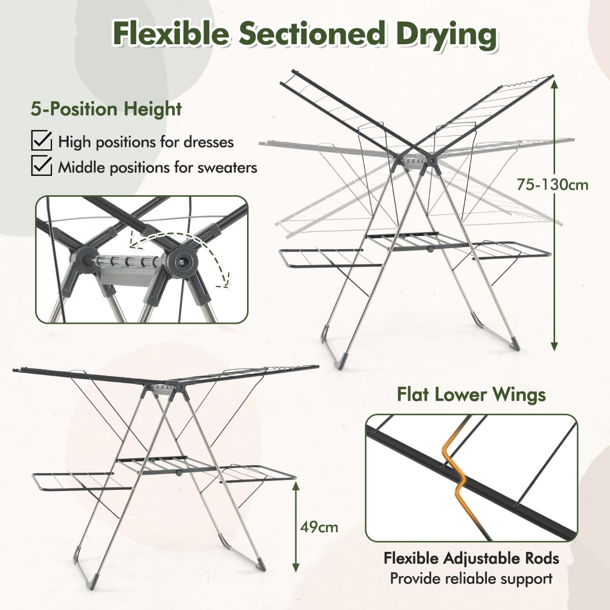 2-Tier Clothes Drying Rack Foldable with Adjustable Gullwings and Sock Clips
