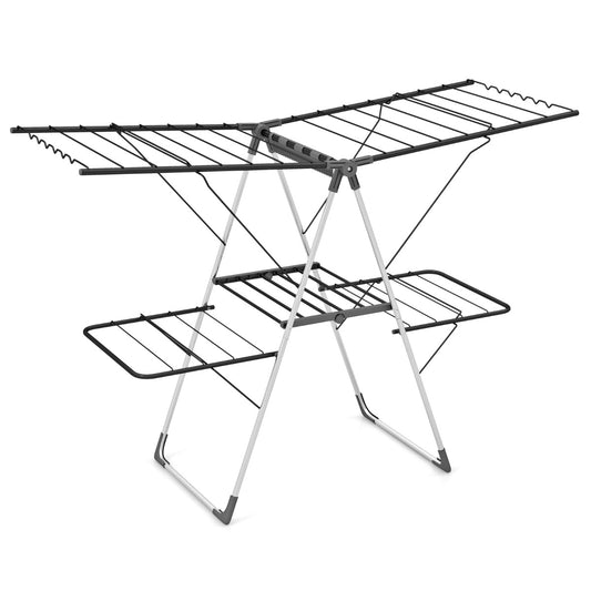 2-Tier Clothes Drying Rack Foldable with Adjustable Gullwings and Sock Clips
