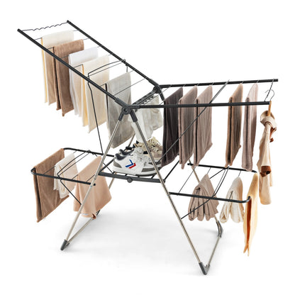 2-Tier Clothes Drying Rack Foldable with Adjustable Gullwings and Sock Clips
