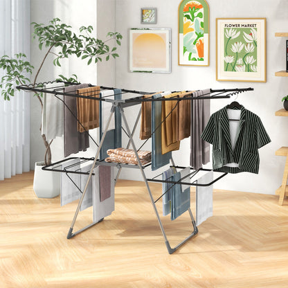 2-Tier Clothes Drying Rack Foldable with Adjustable Gullwings and Sock Clips