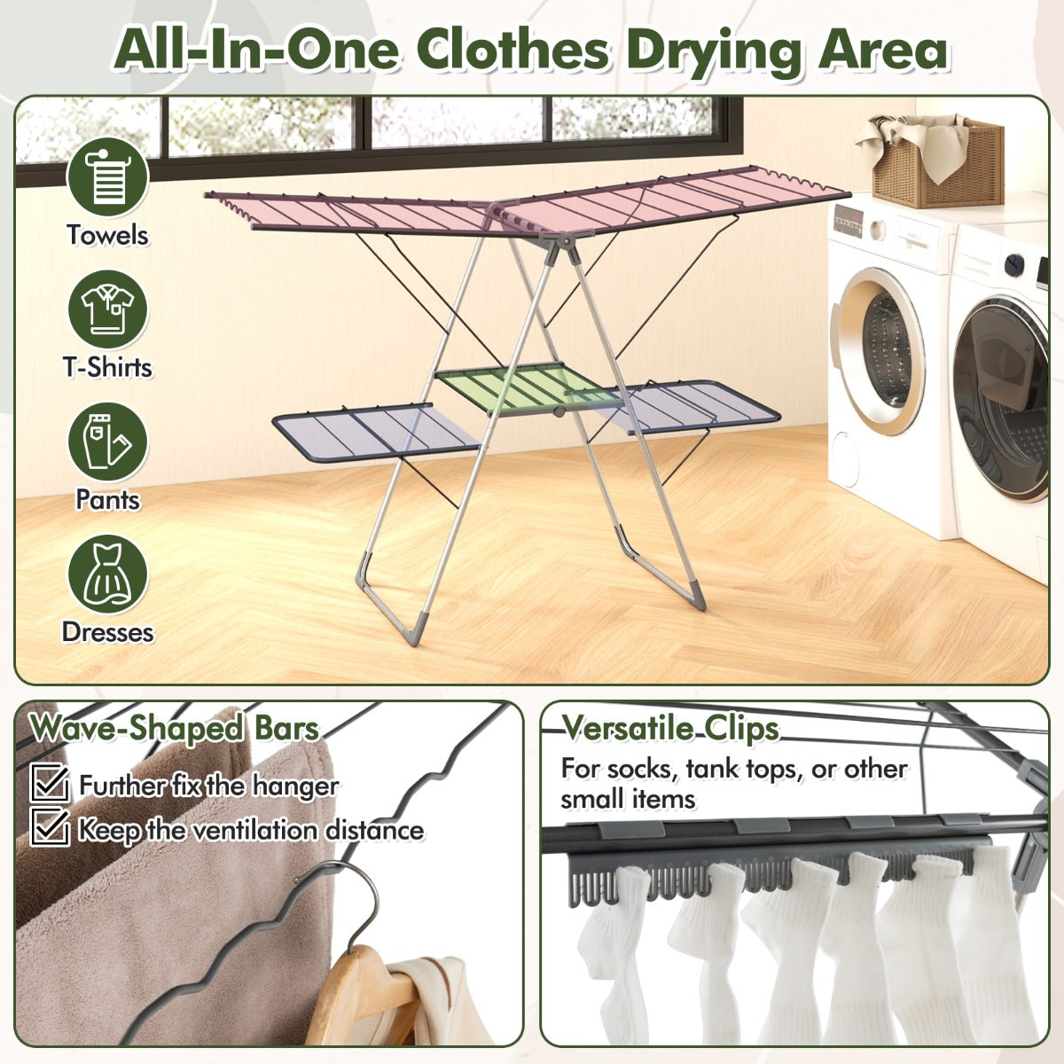 2-Tier Clothes Drying Rack Foldable with Adjustable Gullwings and Sock Clips