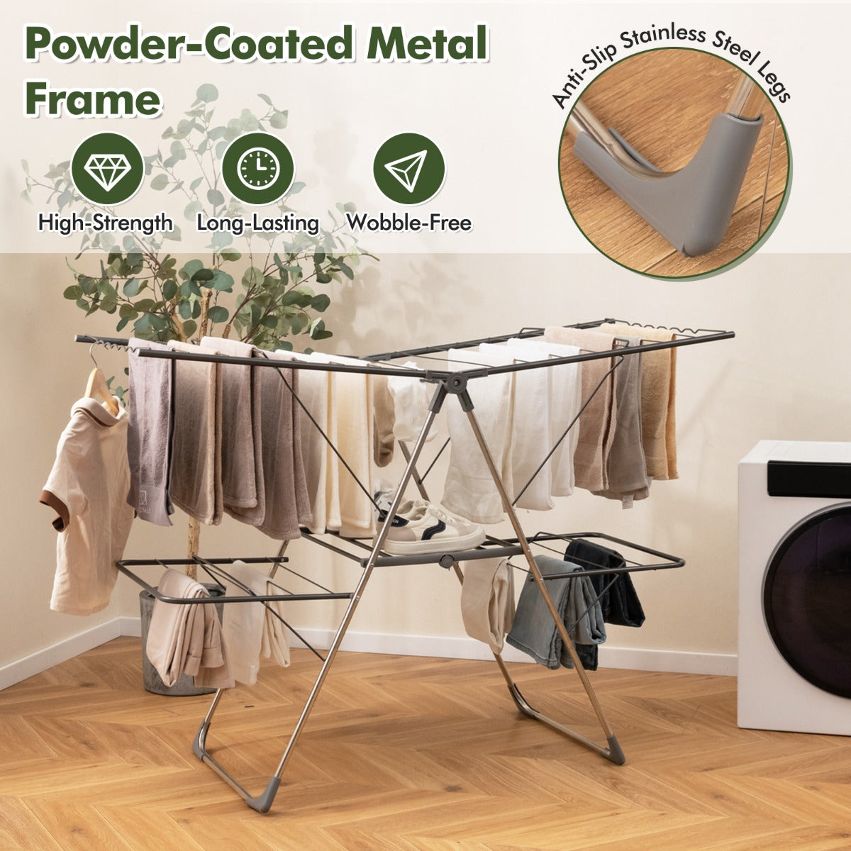 2-Tier Clothes Drying Rack Foldable with Adjustable Gullwings and Sock Clips