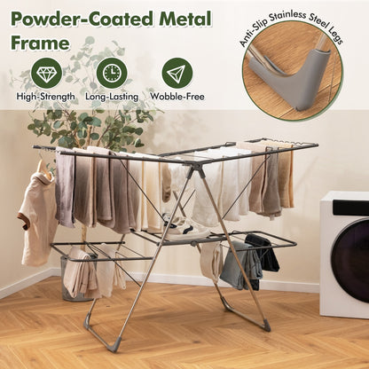 2-Tier Clothes Drying Rack Foldable with Adjustable Gullwings and Sock Clips
