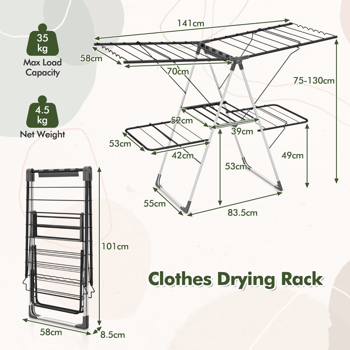 2-Tier Clothes Drying Rack Foldable with Adjustable Gullwings and Sock Clips