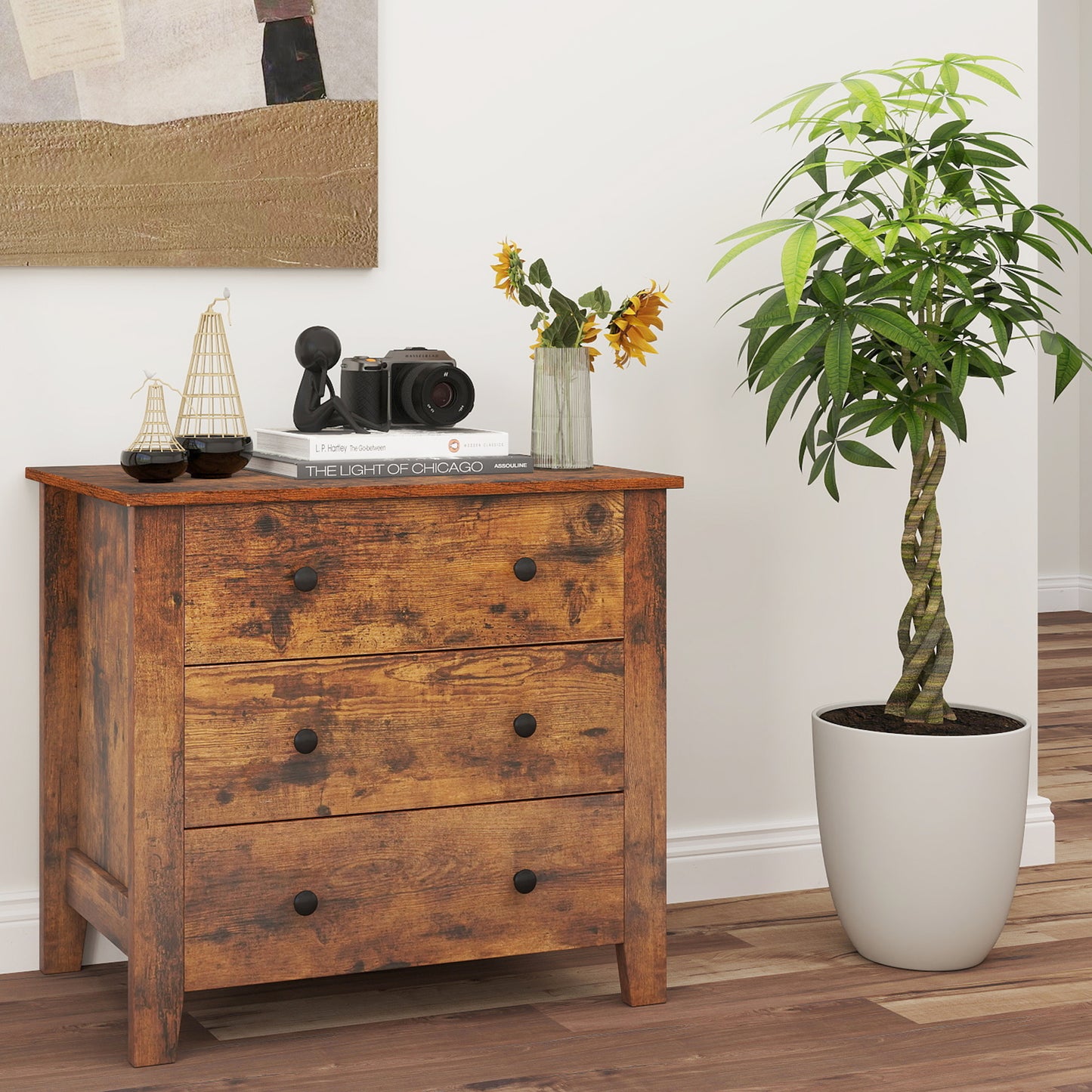 3-Drawer Dresser Wide Chest of Drawers-Coffee