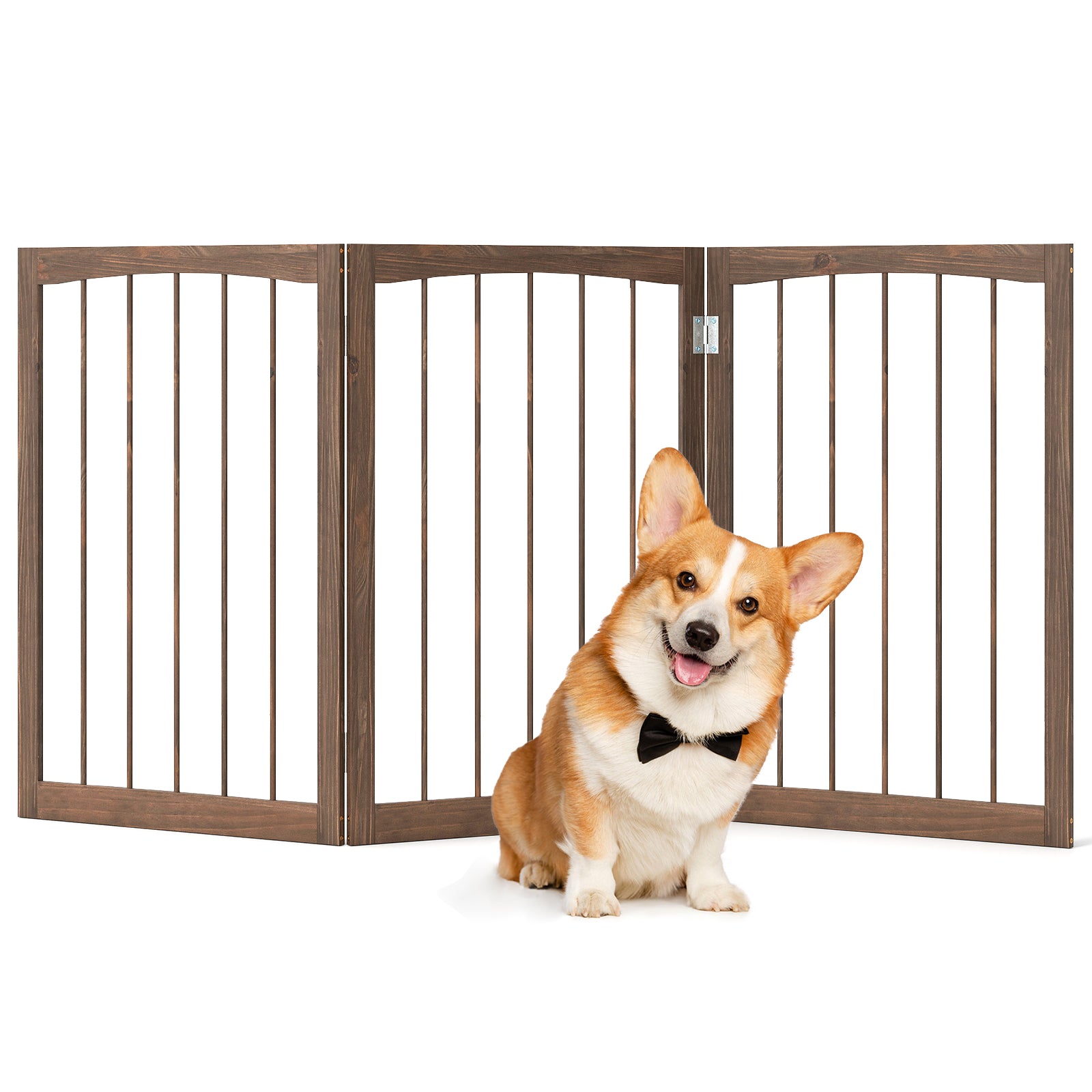 3-Panel Dog Gate 76cm Wooden Pet Fence for Small and Medium Dogs-Brown