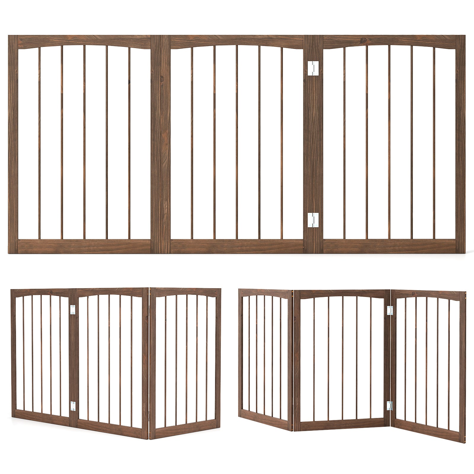 3-Panel Dog Gate 76cm Wooden Pet Fence for Small and Medium Dogs-Brown