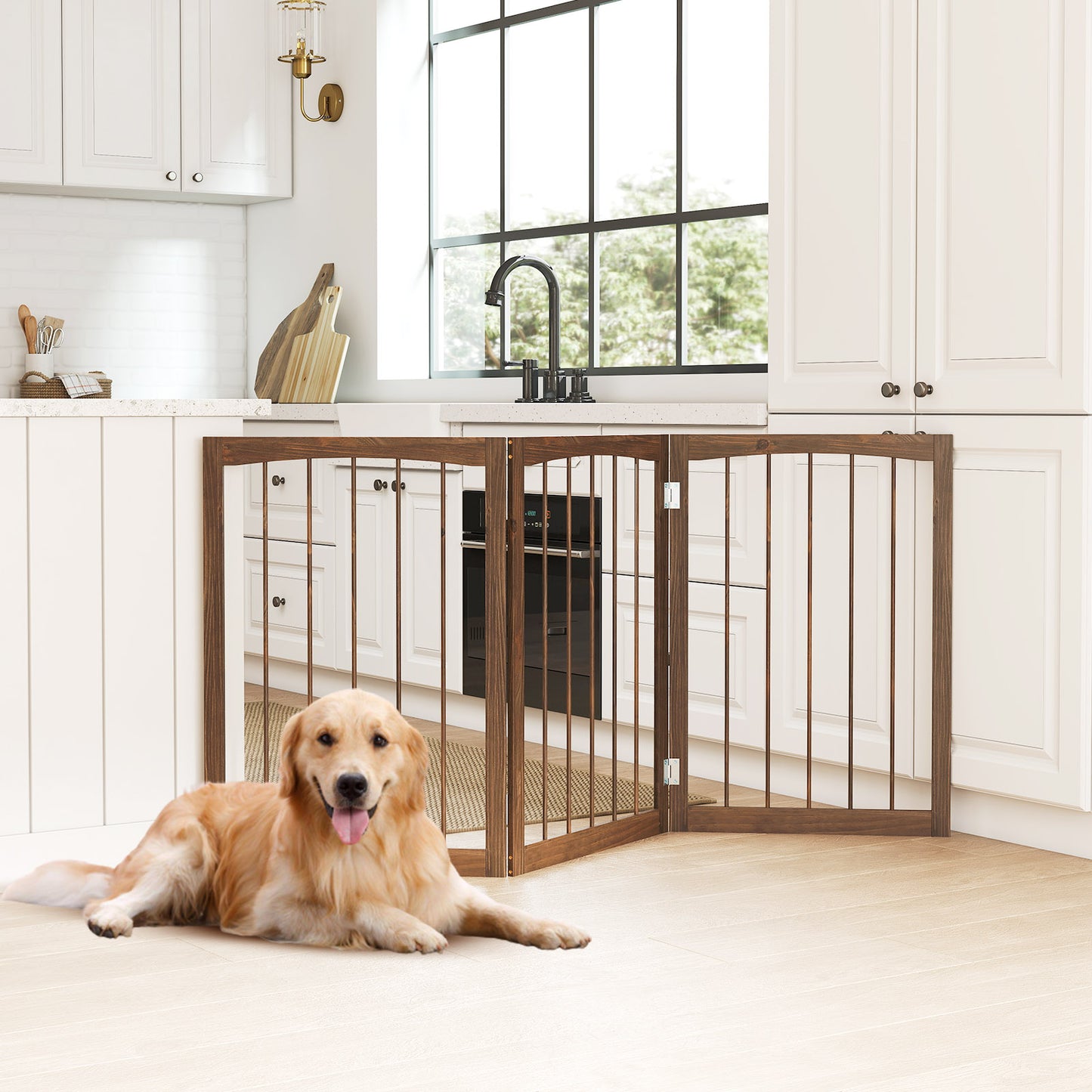 3-Panel Dog Gate 76cm Wooden Pet Fence for Small and Medium Dogs-Brown