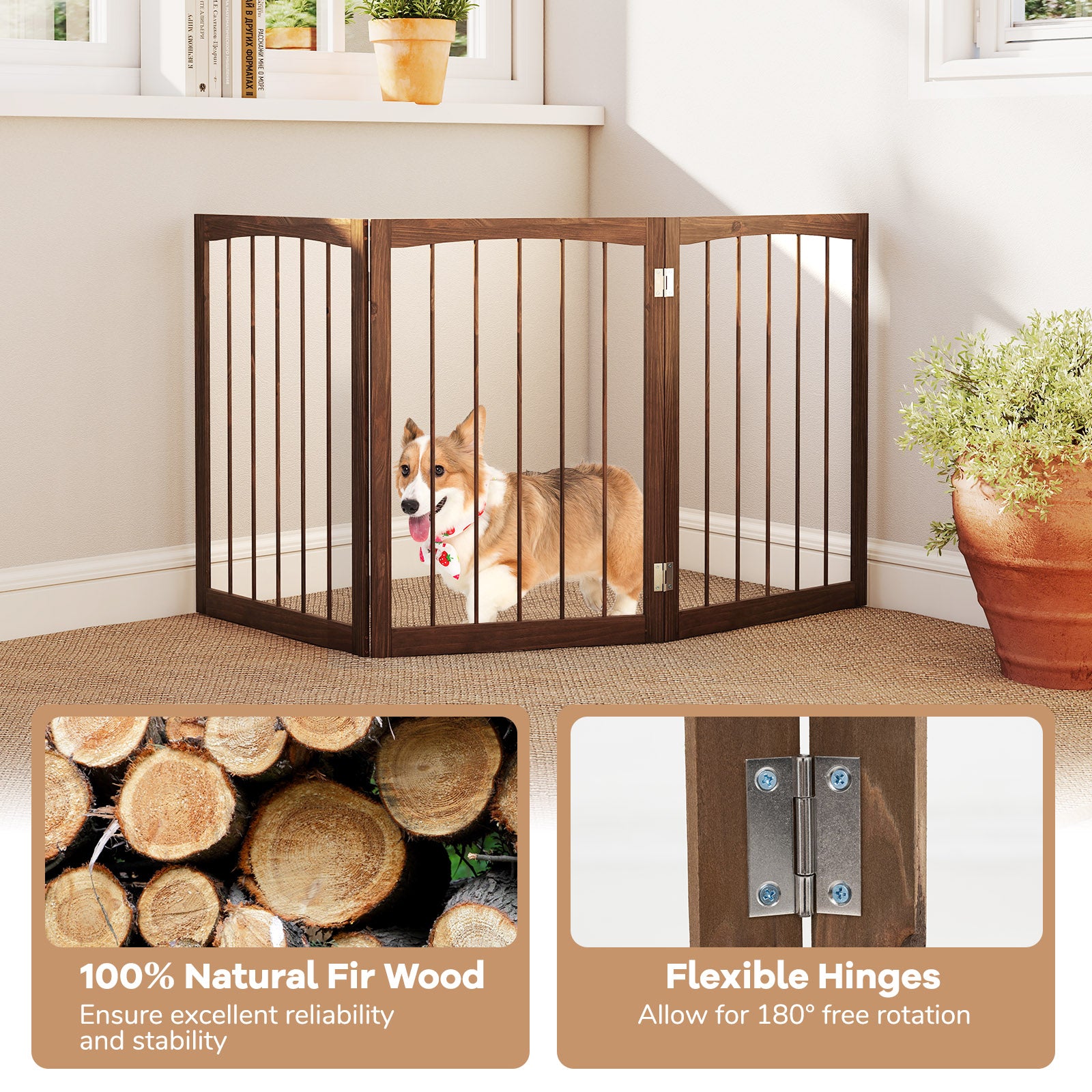 3-Panel Dog Gate 76cm Wooden Pet Fence for Small and Medium Dogs-Brown