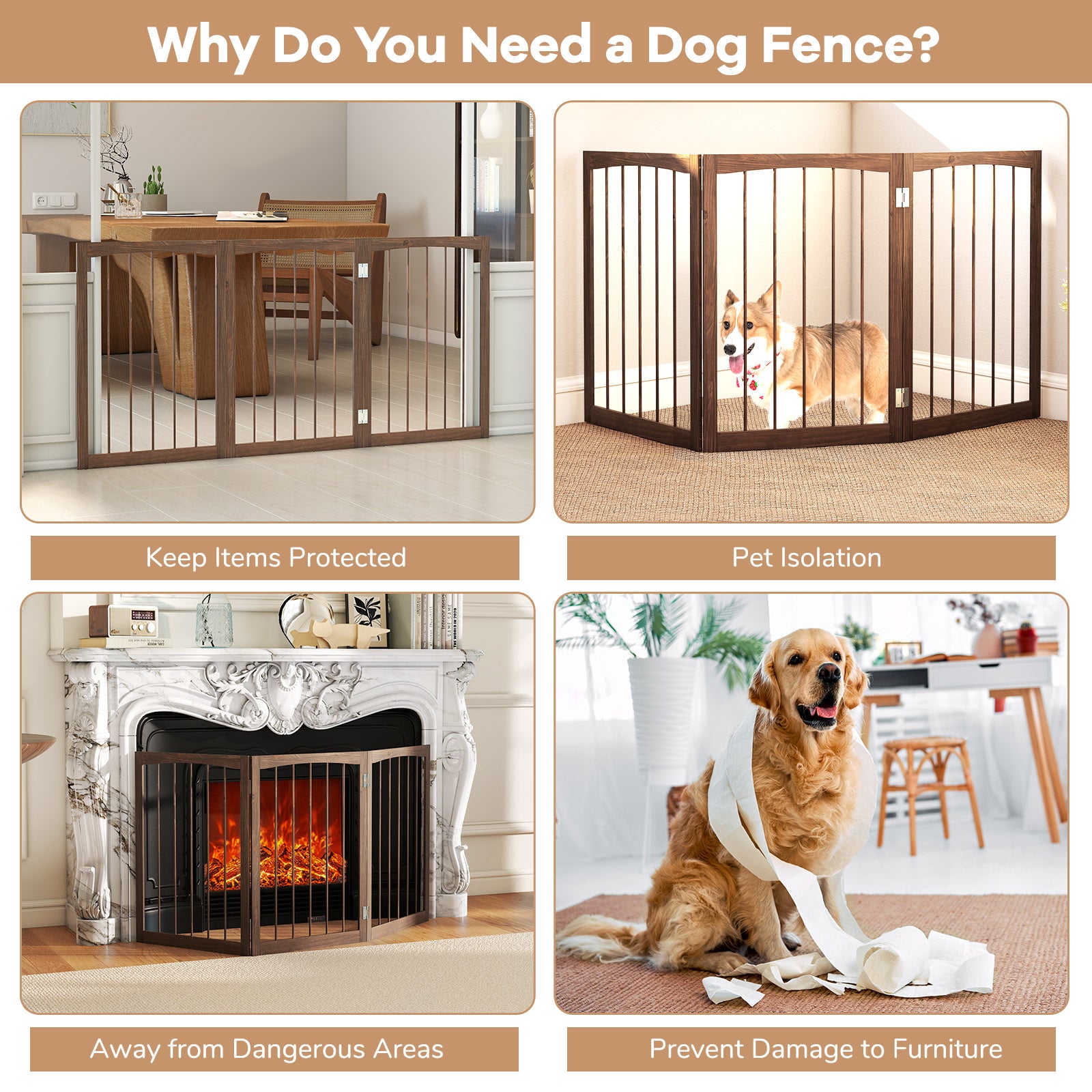 3-Panel Dog Gate 76cm Wooden Pet Fence for Small and Medium Dogs-Brown