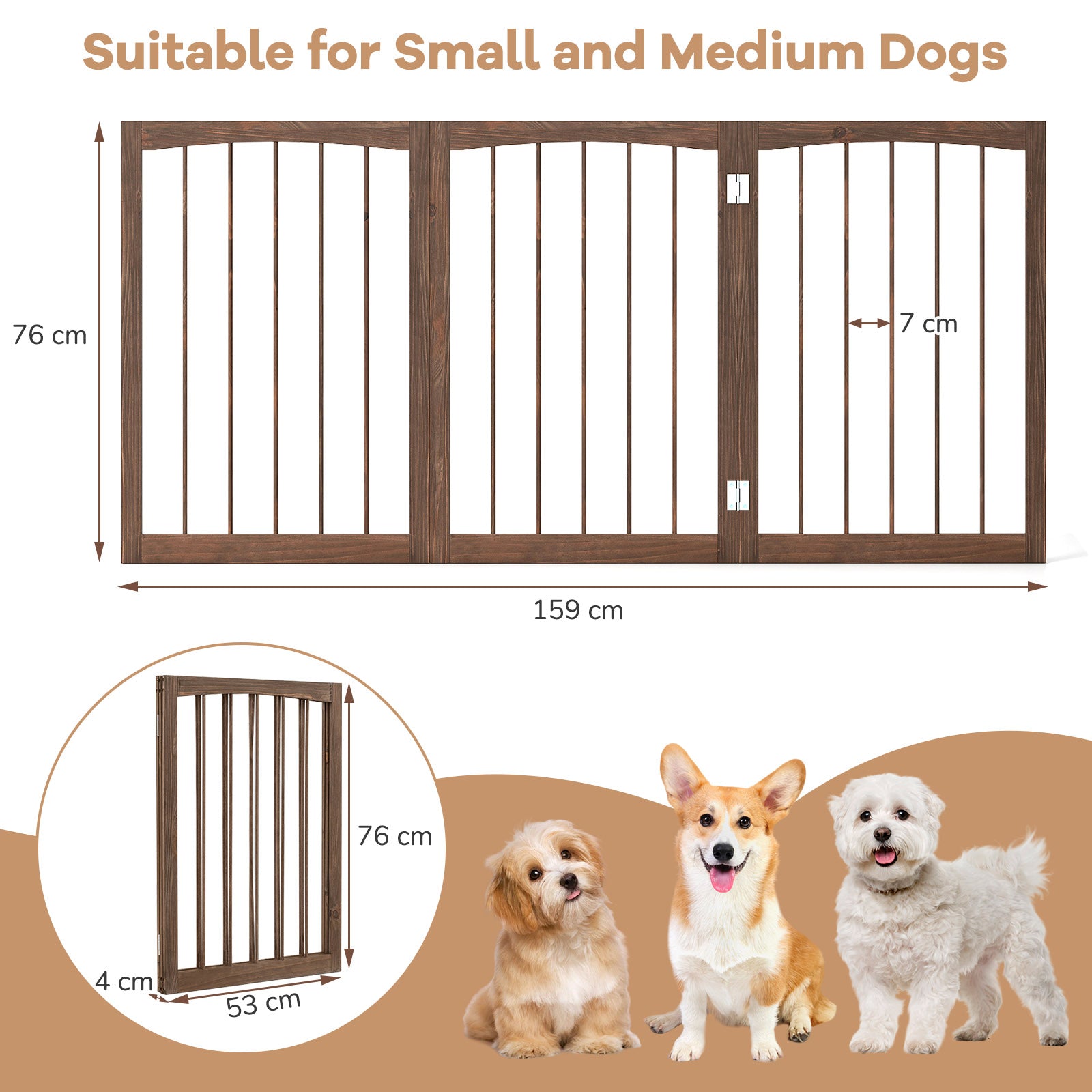 3-Panel Dog Gate 76cm Wooden Pet Fence for Small and Medium Dogs-Brown