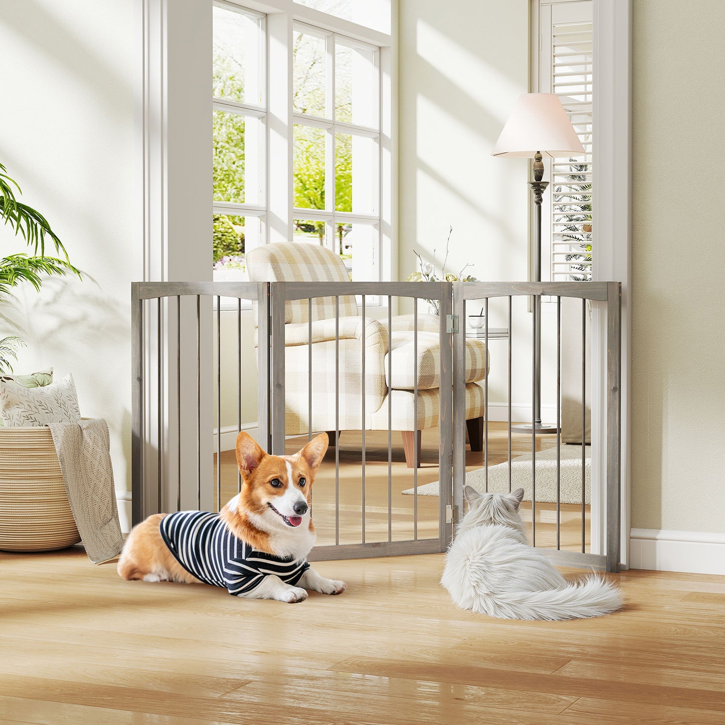3-Panel Dog Gate 76cm Wooden Pet Fence for Small and Medium Dogs-Grey