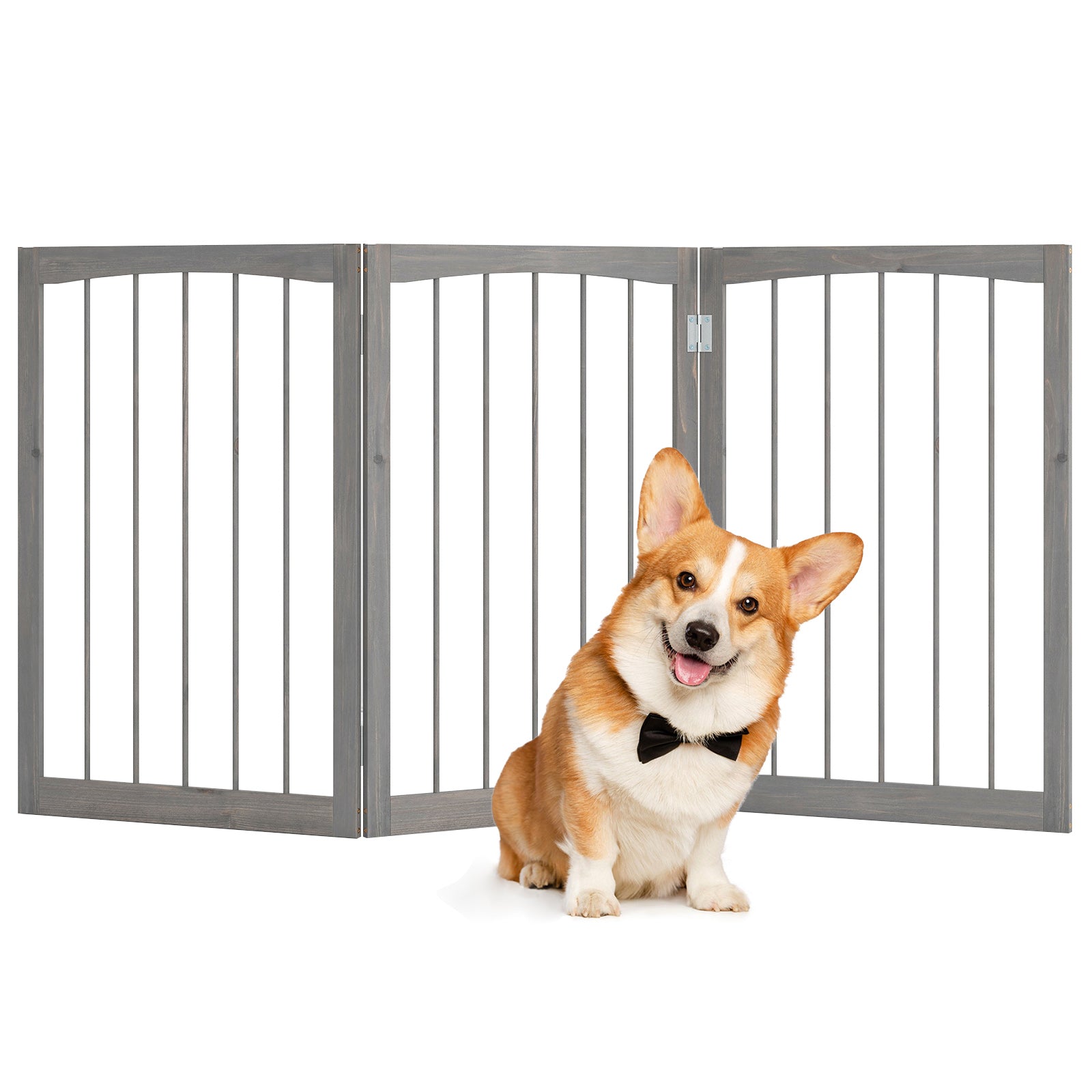3-Panel Dog Gate 76cm Wooden Pet Fence for Small and Medium Dogs-Grey
