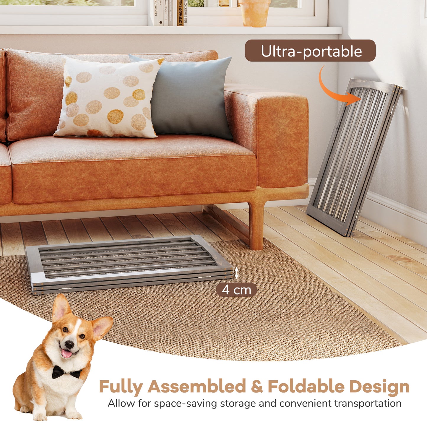 3-Panel Dog Gate 76cm Wooden Pet Fence for Small and Medium Dogs-Grey