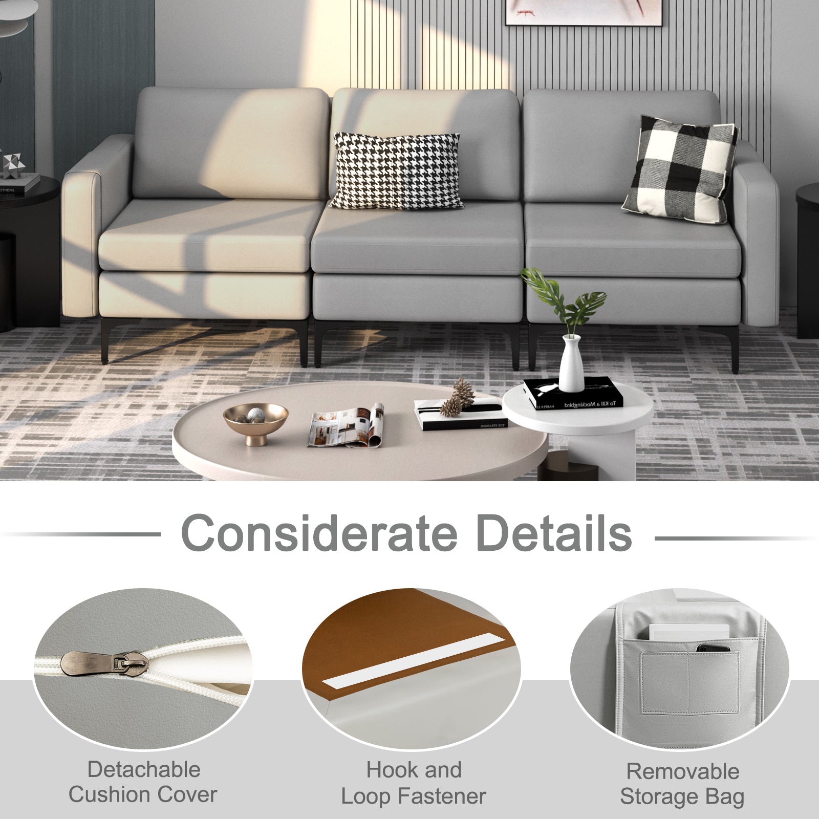 3-Seat Sofa Upholstered Modular Sofa Couch with Magazine Caddy Holder