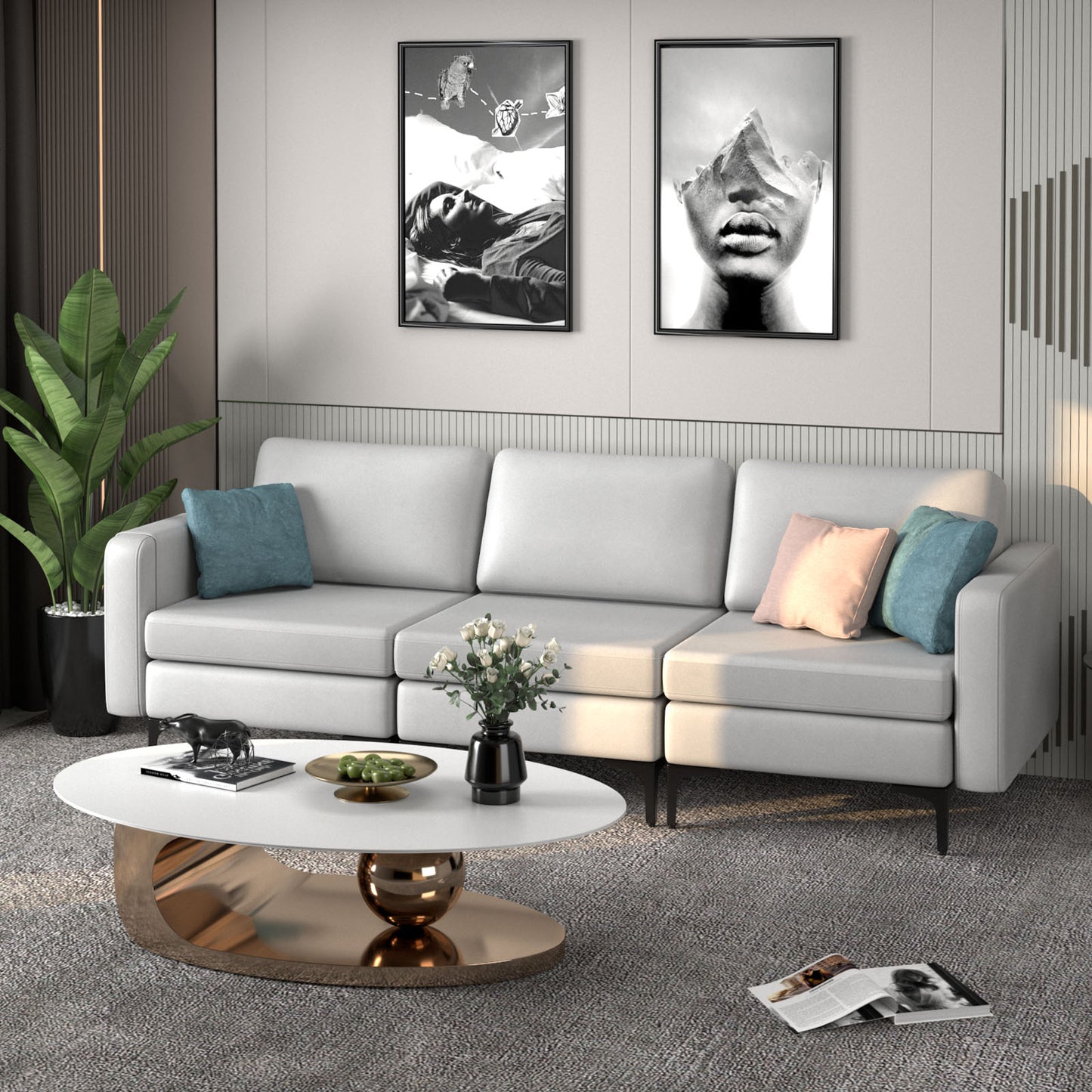 3-Seat Sofa Upholstered Modular Sofa Couch with Magazine Caddy Holder