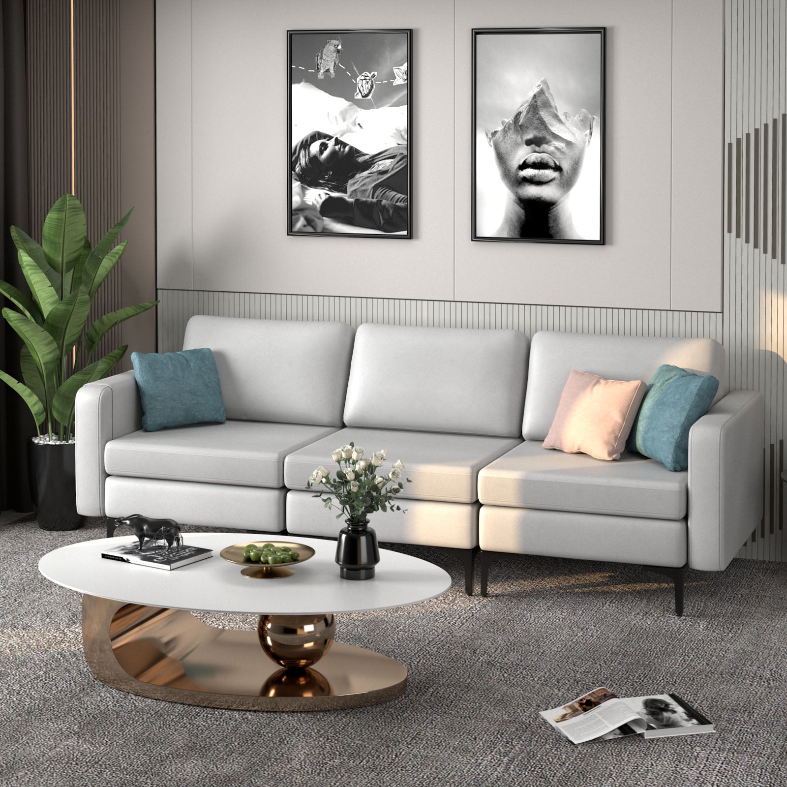 3-Seat Sofa Upholstered Modular Sofa Couch with Magazine Caddy Holder