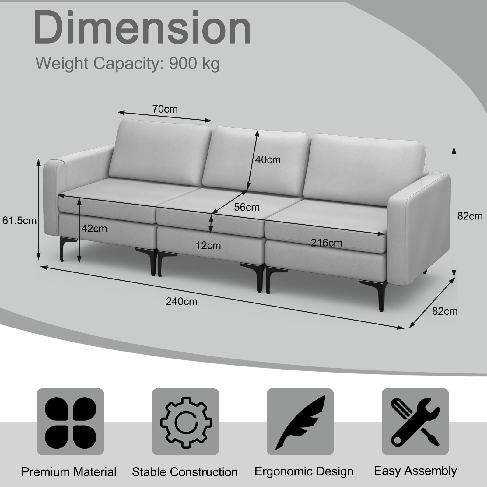 3-Seat Sofa Upholstered Modular Sofa Couch with Magazine Caddy Holder