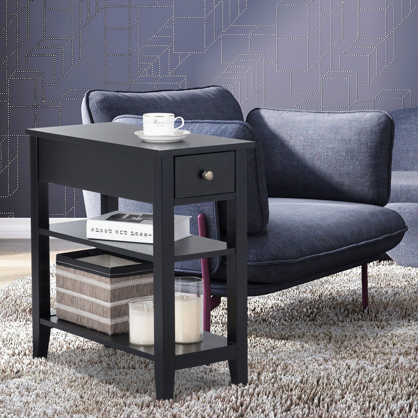 3-Tier End Table with One Drawer and Double Shelves for Bedroom Living Room-Black