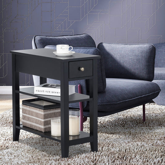 3-Tier End Table with One Drawer and Double Shelves for Bedroom Living Room-Black
