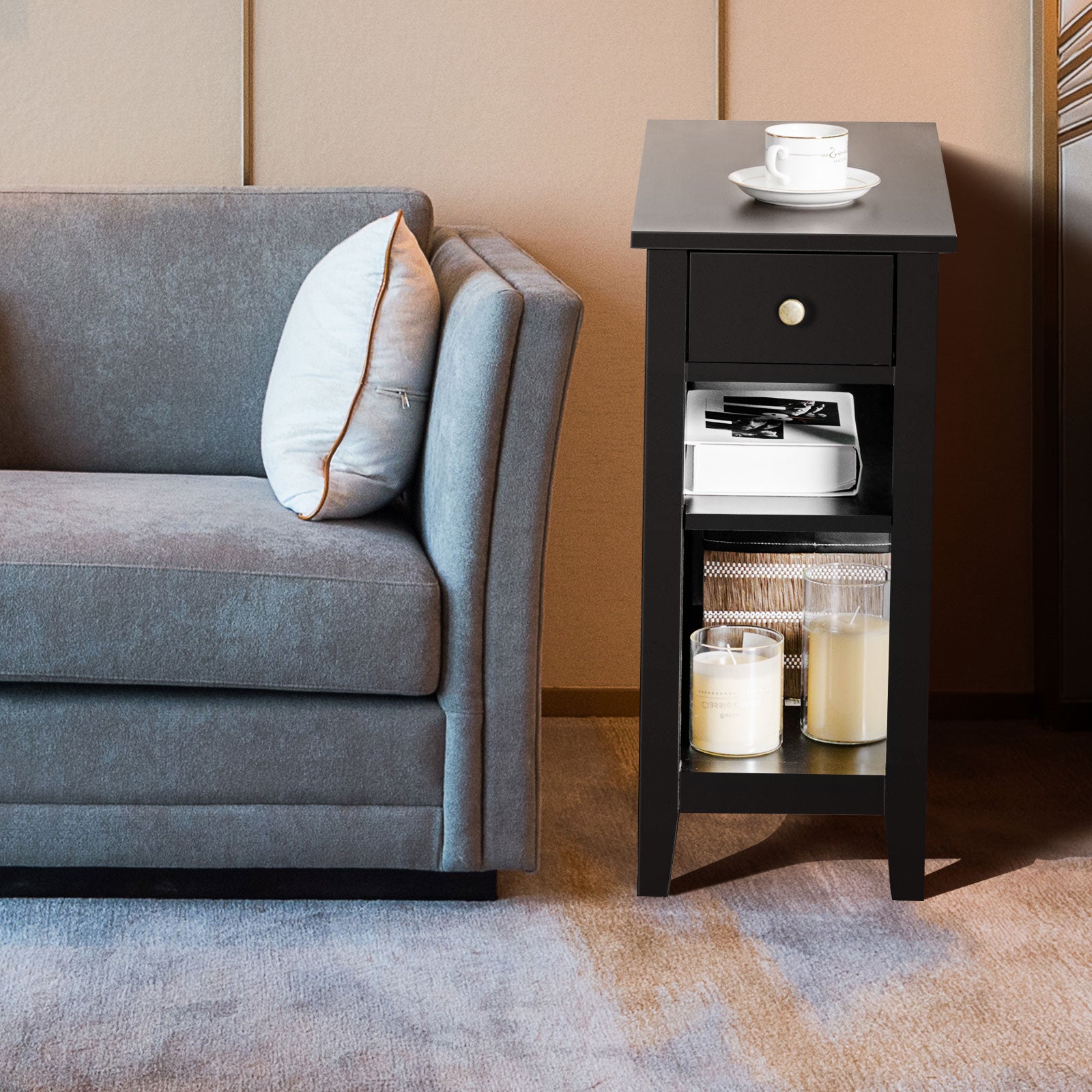 3-Tier End Table with One Drawer and Double Shelves for Bedroom Living Room-Black